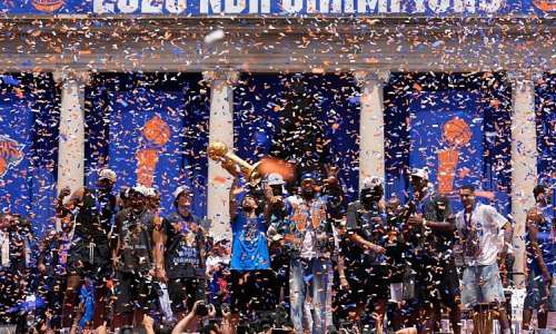 Players celebrate during the New York Knicks NBA championship parade Thursday, June 18, 2026, in New York. -  Yuki Iwamura, AP