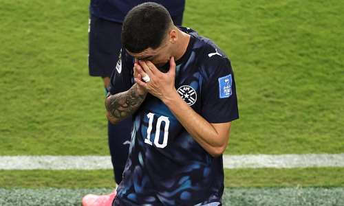 Paraguays Miguel Almiron became the first player to be sent off at the World Cup for coverning his mouth while talking to an opponent during a match. -  Getty Images via AFP - STU FORSTER