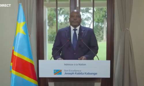 Joseph Kabila, former president of the Democratic Republic of the Congo, gives a nationwide speech on May 23, 2025. The country’s media regulator announced a 90-day suspension of media coverage on the activities of Kabila and his Peoples Party for Reconstruction and Democracy on June 2. (Screenshot: Umuseke/YouTube)