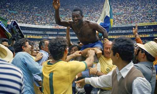 Brazil striker Pel, the only player to win the World Cup three times, was held aloft by teammates after inspiring Brazil to a 4-1 win over Italy in the 1970 World Cup final at the Estadio Azteca in Mexico City. - AP