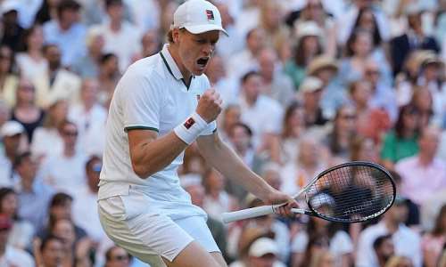 Jannik Sinner of Italy celebrates after winning a point against Alexander Zverev of Germany mens singles final at Wimbledon Tennis Championships in London, Sunday, July 12, 2026. -  Kin Cheung, AP Photo