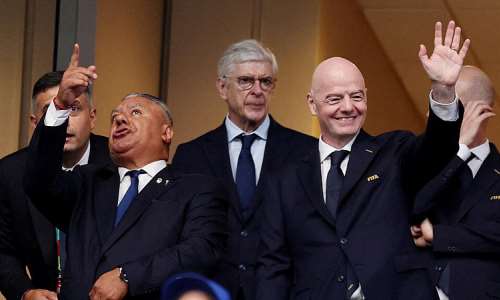 Fifas head of global development Arsene Wenger (centre) attended the England v Argentina semi-final at the 2026 World Cup with Fifa boss Gianni Infantino (right) and the president of the Argentina Football Association Claudio Tapia (left). - REUTERS - Paul Childs