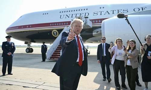 US President Donald Trump speaks to the press before he boards Air Force One for his first flight aboard the Boeing 747-8 that Qatar gifted the United States to use for executive travel, at Joint Base Andrews, in Maryland, July 1, 2026. -- AFP