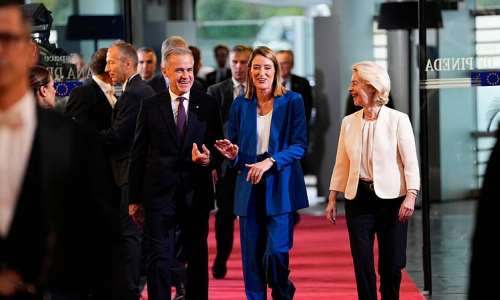 Canadian Prime Minister Mark Carney with President of the European Parliament Roberta Metsola and President of the European Commission Ursula von der Leyen at the European Parliament in Strasbourg, France on September 16, 2026. -  Justin Tang, The Canadian Press via AP