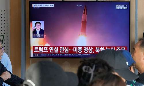 A TV screen shows a file image of a North Korean missile launch during a news program at Seoul Railway Station in Seoul, South Korea, September 20, 2026. -  Ahn Young-joon, AP Photo