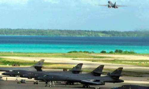 A US Air Force B-1B bomber takes off from the Diego Garcia military base in 2001.  By - (DoD/AFP)