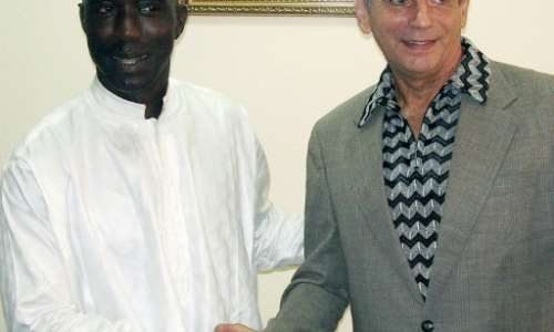 Benin candidate Ganiou Soglo (L) seen here when he was sports minister in 2007, was wounded when gunfire hit his car. By EMILE KOUTON (AFP)