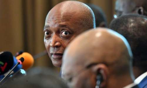 Confederation of African Football CAF president Patrice Motsepe L at a press conference in Algiers on October 1, 2022.. By - AFP