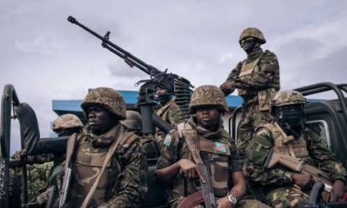 Congolese and Kenyan troops guarding the airport at Goma last month. By ALEXIS HUGUET AFPFile