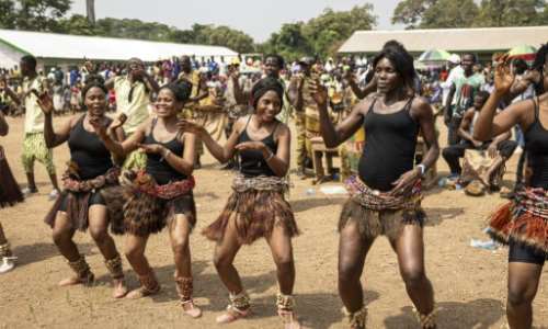 Dancers of the National Ballet practise traditional dances of the ethnic groups of the Central African Republic. By PATRICK MEINHARDT (AFP)
