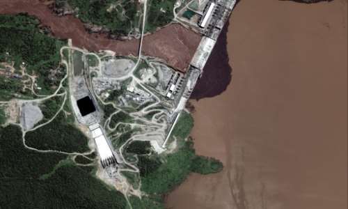 Ethiopia has been filling the reservoir behind its huge dam on the Blue Nile for the past two years, as talks with downstream countries Egypt and Sudan drag on. By Handout (Satellite image ©2020 Maxar Technologies/AFP/File)