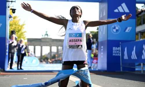 Ethiopia's Tigist Assefa celebrates after smashing the women's marathon world record in Berlin. By Tobias SCHWARZ AFP