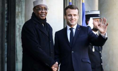 France's President Emmanuel Macron welcomes Chad's President Idriss Deby as he arrives at the Elysee presidential palace in 2019. By LUDOVIC MARIN (AFP/File)
