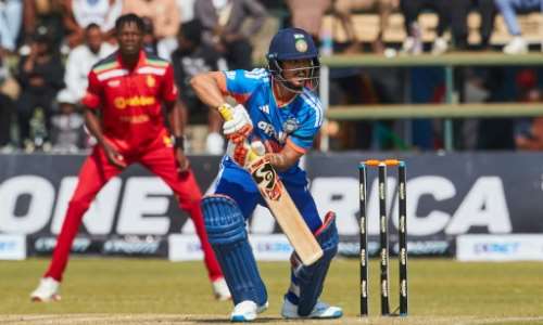 Ishan Kishan plays a shot for India during the second Twenty20 international against Zimbabwe in Harare..  By Jekesai NJIKIZANA (AFP)