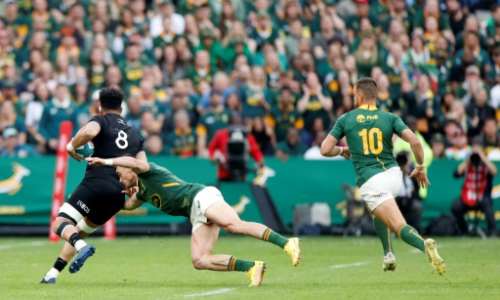 Jesse Kriel made an early tackle on All Black Ardie Savea but then went off injured forcing a Springbok reshuffle. By PHILL MAGAKOE AFP