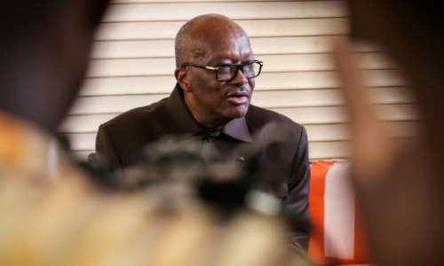 Kabore speaking at a press conference at his home in Ouagadougou last month. Supporters gathered outside to prevent him from attending a summit of ex-presidents organised by the junta. By Olympia DE MAISMONT AFP