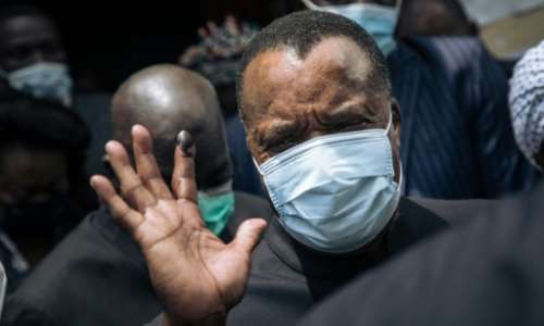 President Denis Sassou Nguesso, seen here after casting his vote last month, first came to power in 1979 -- he has notched up a total of 36 years in office. By ALEXIS HUGUET (AFP)