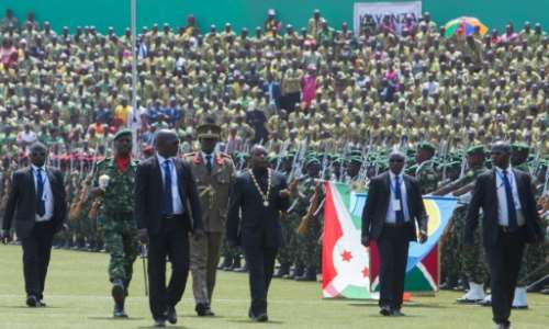 President Evariste Ndayishimiye, third from the right, at his swearing-in ceremony last June. By TCHANDROU NITANGA (AFP)