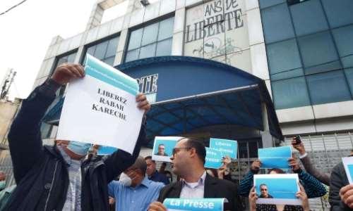 Protesters outside the headquarters of French-language newspaper 'Liberte' in April. By - (AFP/File)