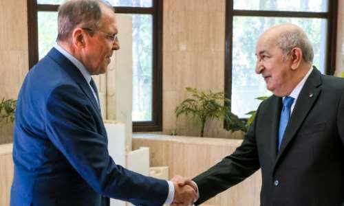 Russian Foreign Minister Sergei Lavrov L met Algeria's President Abdelmadjid Tebboune in Algiers on May 10, 2022. By Handout RUSSIAN FOREIGN MINISTRYAFPFile