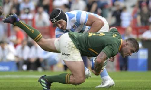 South Africa hooker Malcolm Marx front is tackled by Argentina lock Tomas Lavanini during a Rugby Championship match in Buenos Aires on September 17, 2022.. By JUAN MABROMATA AFP
