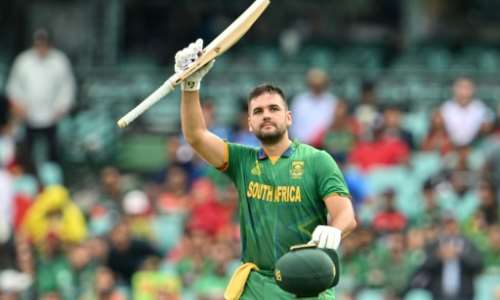South Africa's Rilee Rossouw celebrates reaching his century. By Saeed KHAN AFP