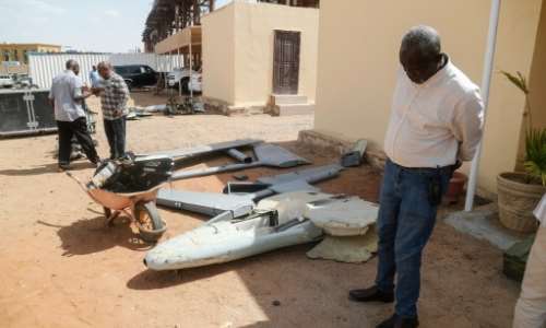 The remains of a drone during a display of weapons reportedly seized by the Sudanese army, which it says were supplied to the RSF by foreign countries.  By Ebrahim HAMID (AFP)