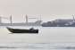 A small boat moves along the shoreline where an a cargo vessel, tugboat and industrial barge are all anchored in the Strait of Hormuz off Bandar Abbas, Iran,June 1, 2026 -  AP