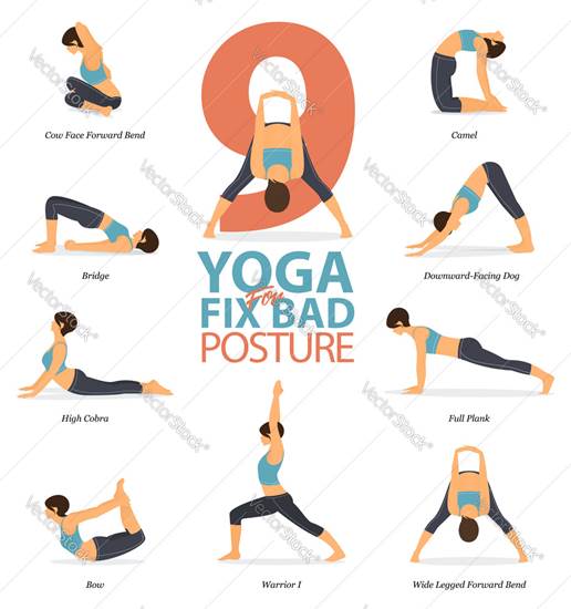 9 yoga poses for fix bad posture Royalty Free Vector Image