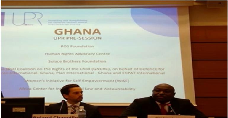 Mr. William Nyarko (right) speaks to the diplomats at the session chaired by Mr. Roland Chauville (left), executive director of UPRInfo, Geneva