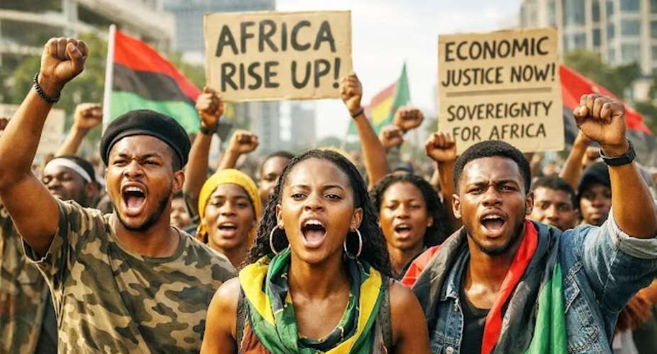 An image of modern African youth protesting for sovereignty and economic protection in a rapidly changing continent.