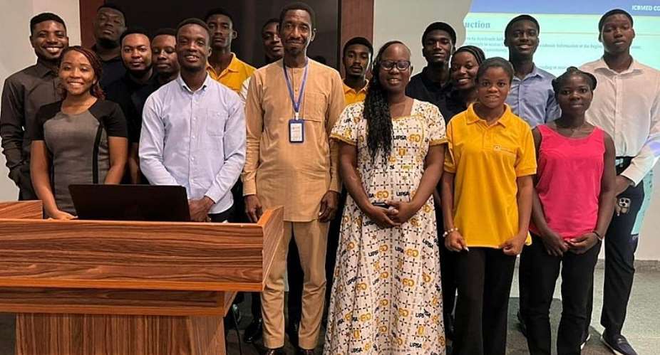 Augustina Dede Agor with UPSA Developers Hub members and Dr. Atia Alpha Alfa, co-chair of a Track 3 session on Technology and Digital Transformation for Sustainability, at ICBMED 2026.