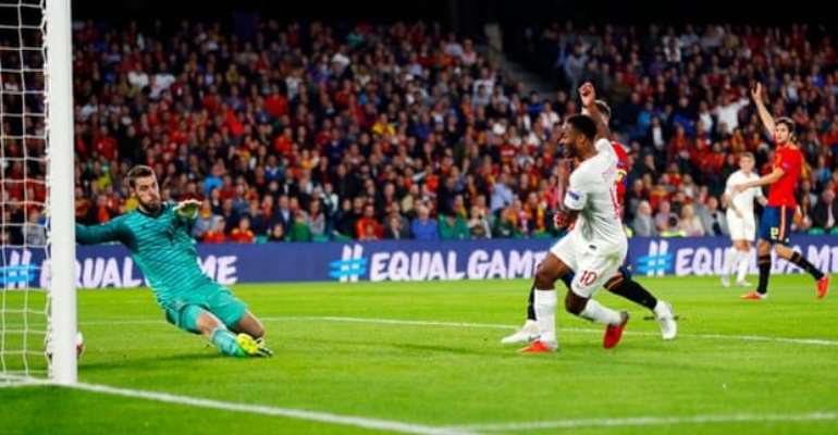 Raheem Sterling scores his second, and England's third, goal in front of a disbelieving crowd in Seville. Photograph: Eddie Keogh for The FA/Rex/Shutterstock