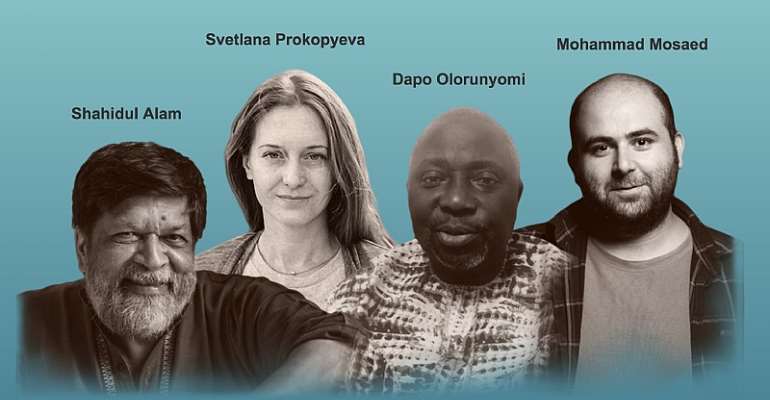 From left: Shahidul Alam (Rahnuma Ahmed); Svetlana Prokopyeva (Artiom Avanesov); Dapo Olorunyomi (Dapo Olorunyomi); Mohammad Mosaed (Farid Kamran Nia) Journalists from Bangladesh, Iran, Nigeria, and Russia honored
