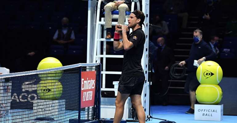 Austria's Dominic Thiem reacts after his victory over Serbia's Novak Djokovic in their men's singles semi-final match on day seven of the ATP World Tour Finals tennis tournament at the O2 Arena in London
Image credit: Getty Images