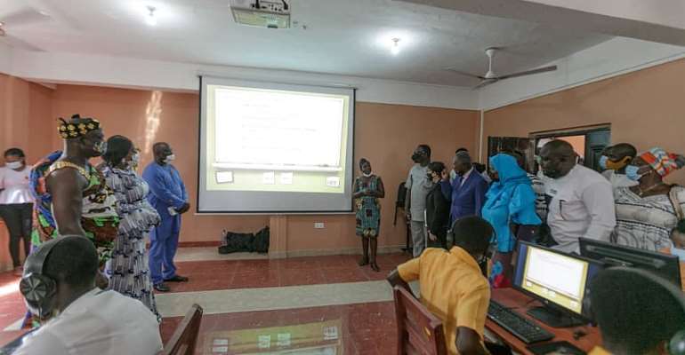 Picture shows at the left, Nana Kwasi Sampre, Chief of Bogoso Kokoase Traditional Area, Mrs Barbara Oteng-Gyasi, Member of Parliament the Area and Dr. Isaac Dasmani, Municipal Chief Executive Prestea/Huni-Valley