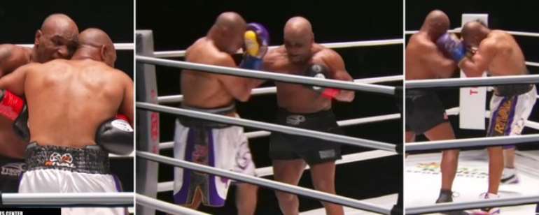 Mike Tyson Fights Roy Jones Jr. As They Go The Eight Rounds In A Competitive Exhibition Bout