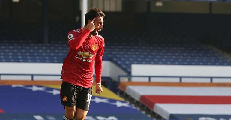 BRUNO FERNANDES OF MANCHESTER UNITED CELEBRATES SCORING THEIR FIRST GOAL DURING THE PREMIER LEAGUE MATCH BETWEEN EVERTON AND MANCHESTER UNITED AT GOODISON PARK
IMAGE CREDIT: GETTY IMAGES