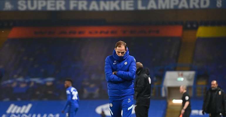 Thomas Tuchel the head coach / manager of Chelsea looks on with a banner for former head coach / manager Frank Lampard above him during the Premier League match between Chelsea and Wolverhampton Wanderers at Stamford Bridge on January 27, 2021 in London,
Image credit: Getty Images