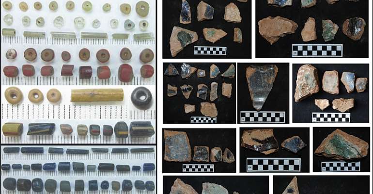 Glass related artifacts excavated from Igbo Olokun, Ile Ife. Left: glass beads, Right: fragments of glass making crucibles - Source: Courtesy Author