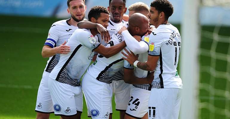 Andre Ayew Congratulates Jamal Lowe After Scoring First Swansea City Goal