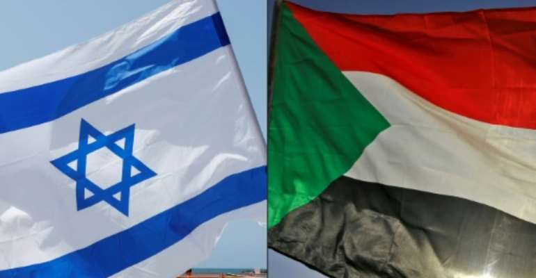 A combination of two photographs showing an Israeli flag and a Sudanese flag, with Khartoum on Wednesday signing accords to normalise ties. By JACK GUEZ, ASHRAF SHAZLY (AFP)