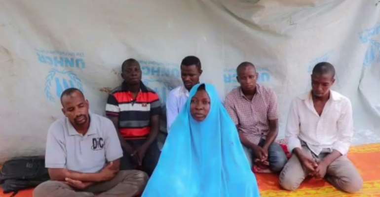 A July 2019 video released by the Islamic State West Africa Province (ISWAP) purportedly shows a female Action Against Hunger (AFC) employee and her five male colleagues that the jihadists kidnapped in northeast Nigeria. By Handout (IS-linked Islamic State West Africa Province (ISWAP)/AFP/File)