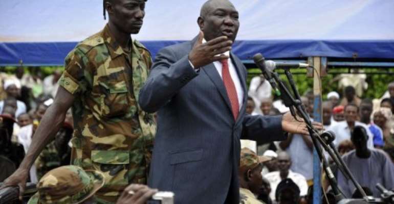 Michel Djotodia speaks on Republic Plaza in Bangui on March 30, 2013. By Sia Kambou (AFP)
