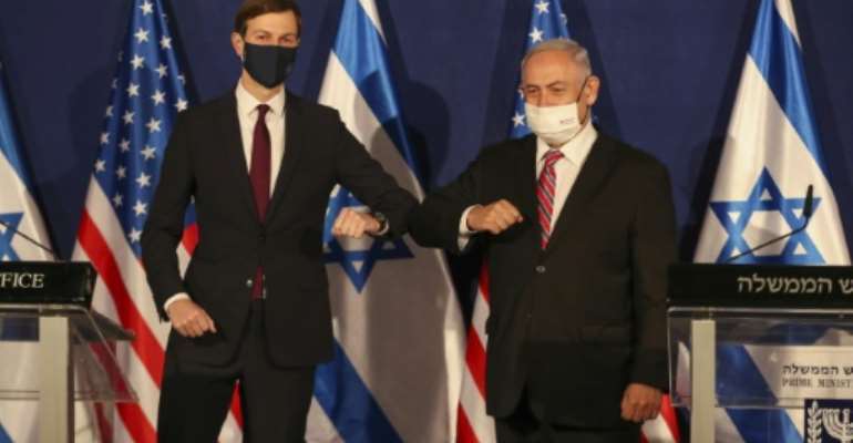 Donald Trump's son-in-law and advisor Jared Kushner, left, met Israeli Prime Minister Benjamin Netanyahu on Monday in Jerusalem. By RONEN ZVULUN (X90084/AFP/File)