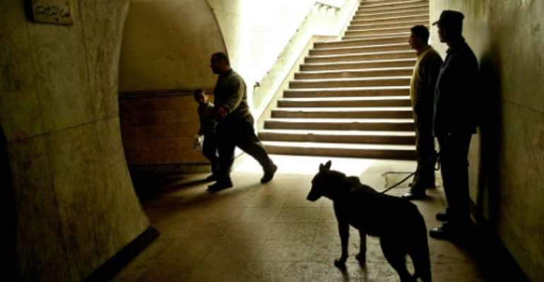 Egyptian policemen are pictured working with an explosive sniffer dog in 2005. By (AFP/File)
