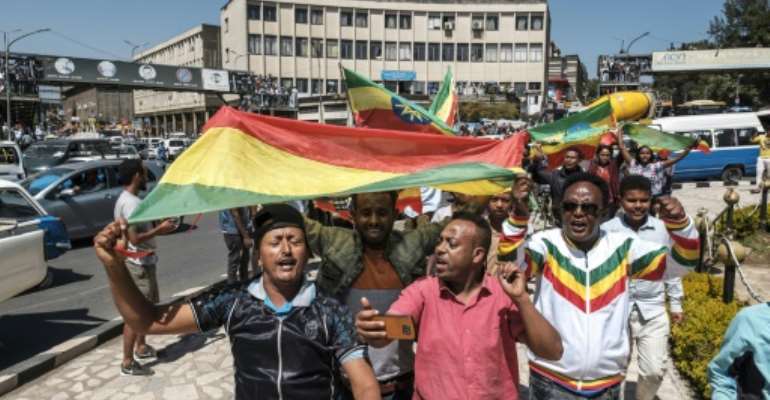 Ethiopians demonstrate in November 2020 in support of the armed forces amid an offensive in the Tigray region. By EDUARDO SOTERAS (AFP/File)