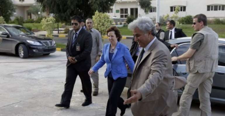 European Union foreign policy chief Catherine Ashton arrives in Libya. By Joseph Eid (AFP/File)