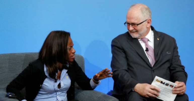 FIFA's decision came after Sierra Leone's anti-corruption commission sacked the SLFA president Isha Johansen (L, pictured May 2016) because of an ongoing investigation. By ADRIAN DENNIS (AFP/File)