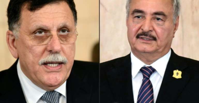 Haftar (R) and Sarraj (L) were to meet in Moscow for talks along with